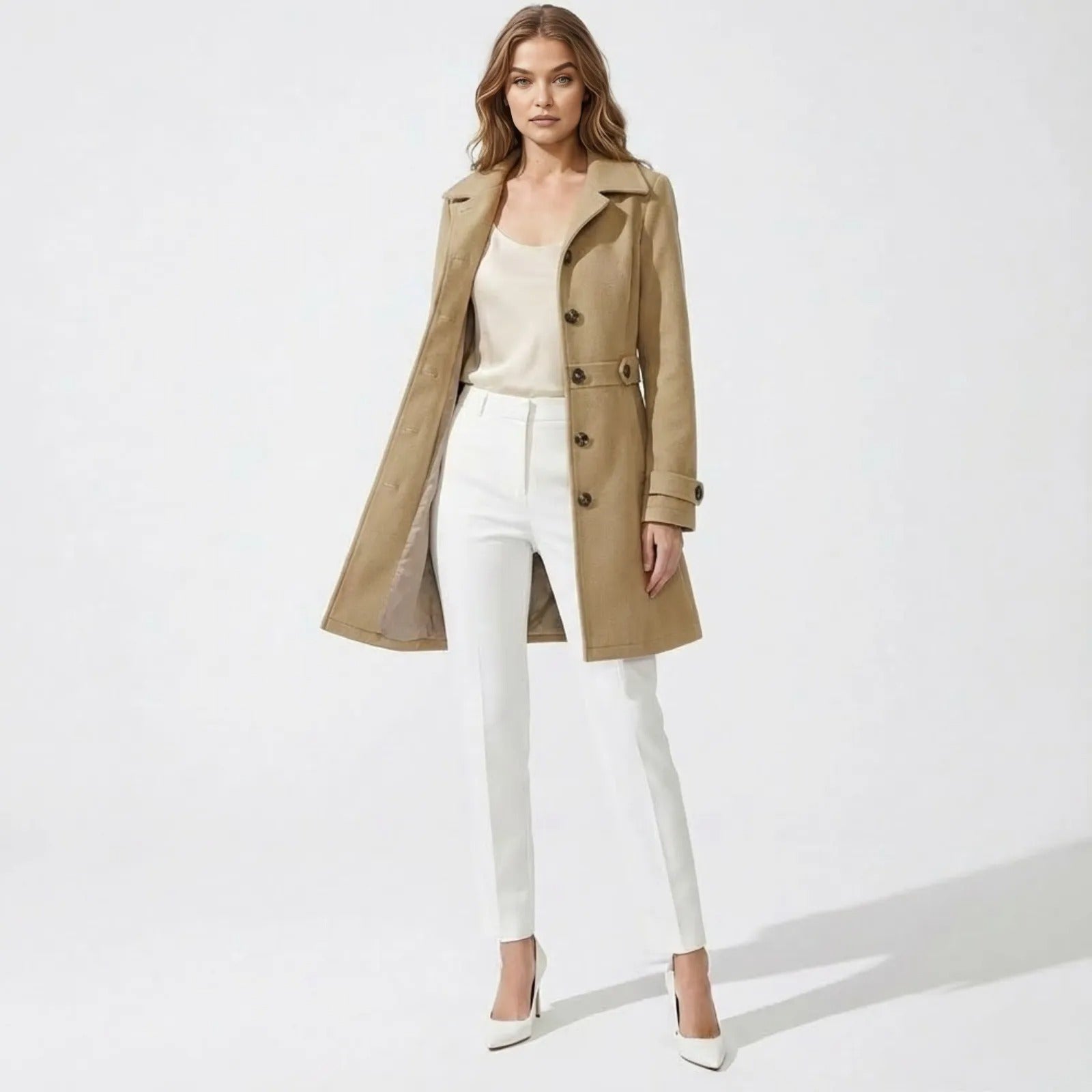 Model wearing the Kouvr Fashion Classic Belted Wool Coat in khaki open over a cream top and white trousers, showing the full length and silhouette.