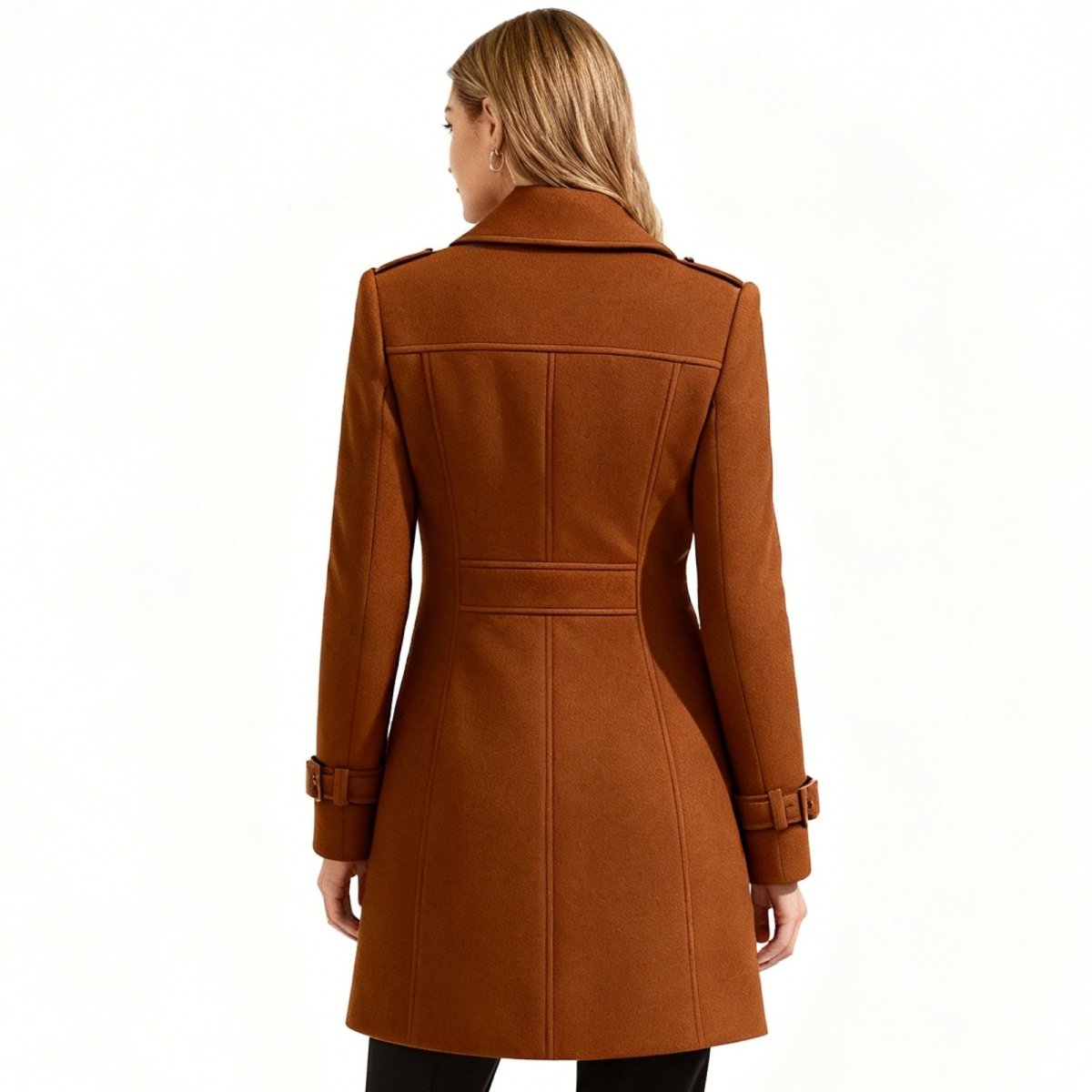 Camel Kouvr coat worn by a person on a white background