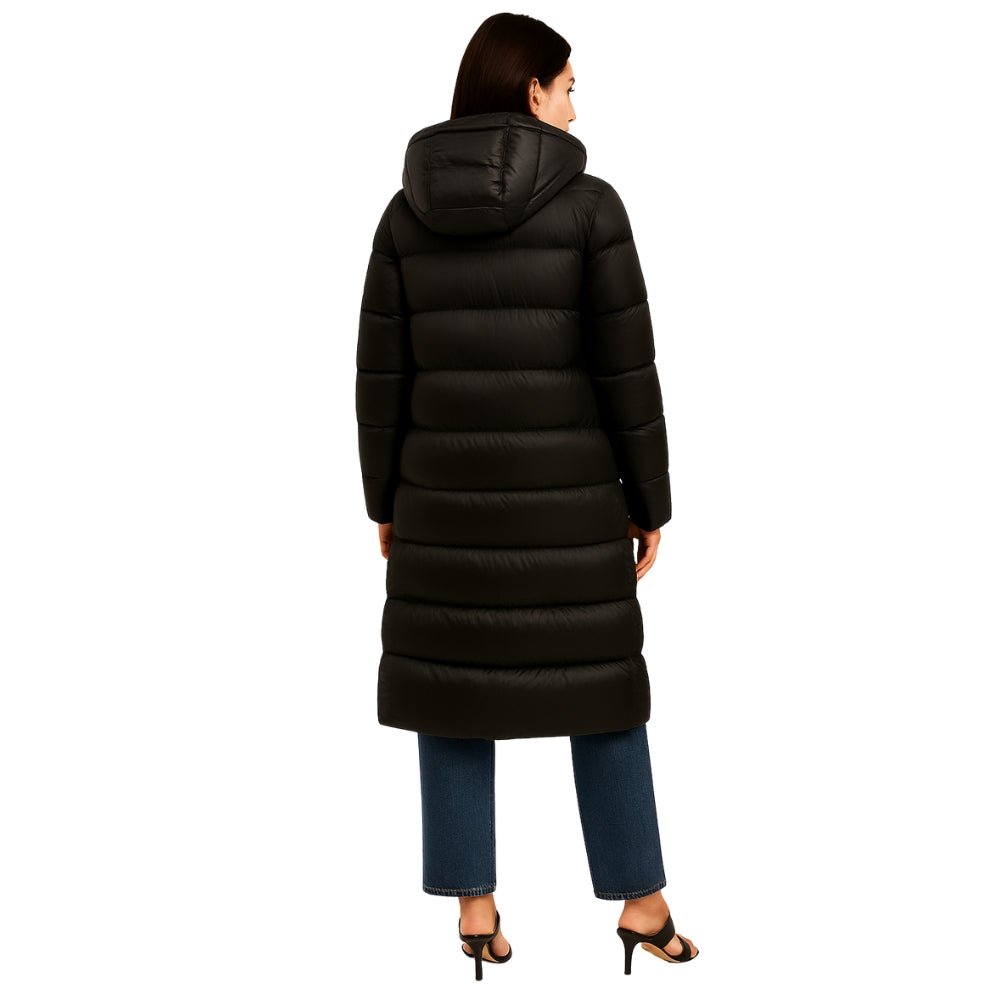 quilted outerwear," "thermal insulation," "cold weather essential," "winter parka," and "elegant down coat
