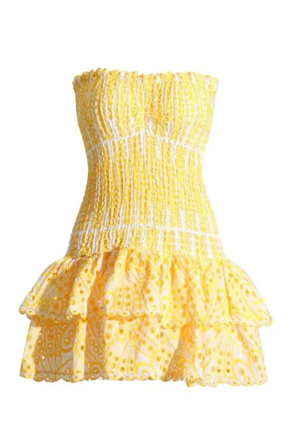 Model wearing Kouvr Fashion strapless yellow eyelet mini dress with tiered ruffle skirt