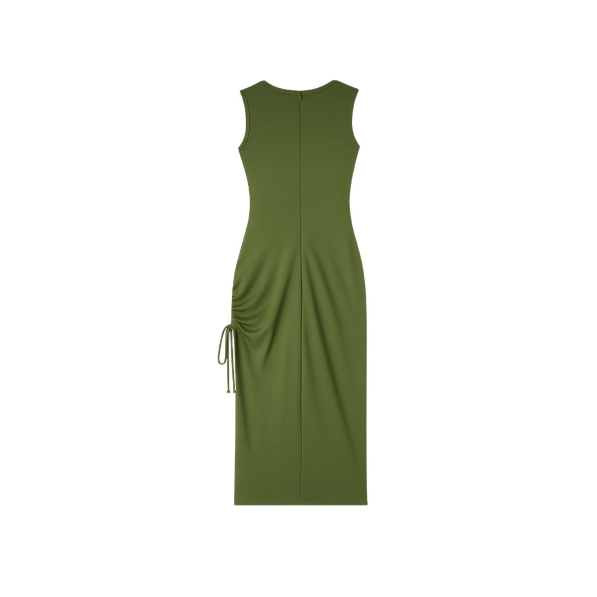 Green Kouvr dress with a draped side detail on a white background