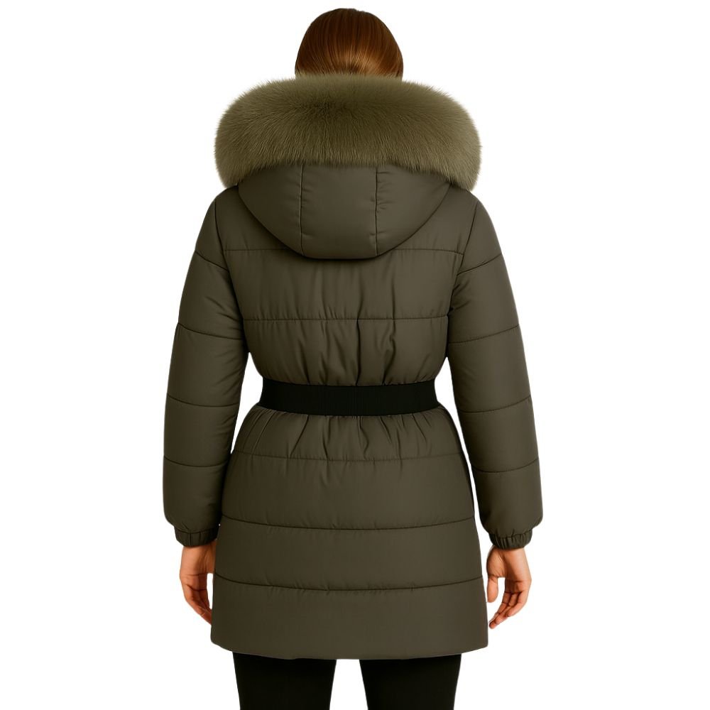 Kouvr Fashion Zoey women's long black puffer coat with oversized silver fox fur hood and belt