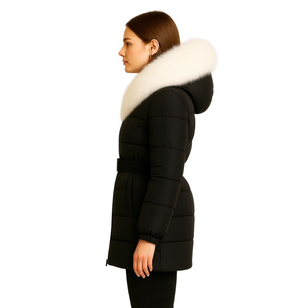 "Kouvr Fashion women's knee-length black belted Zoey puffer coat with oversized natural fox fur trimmed hood.