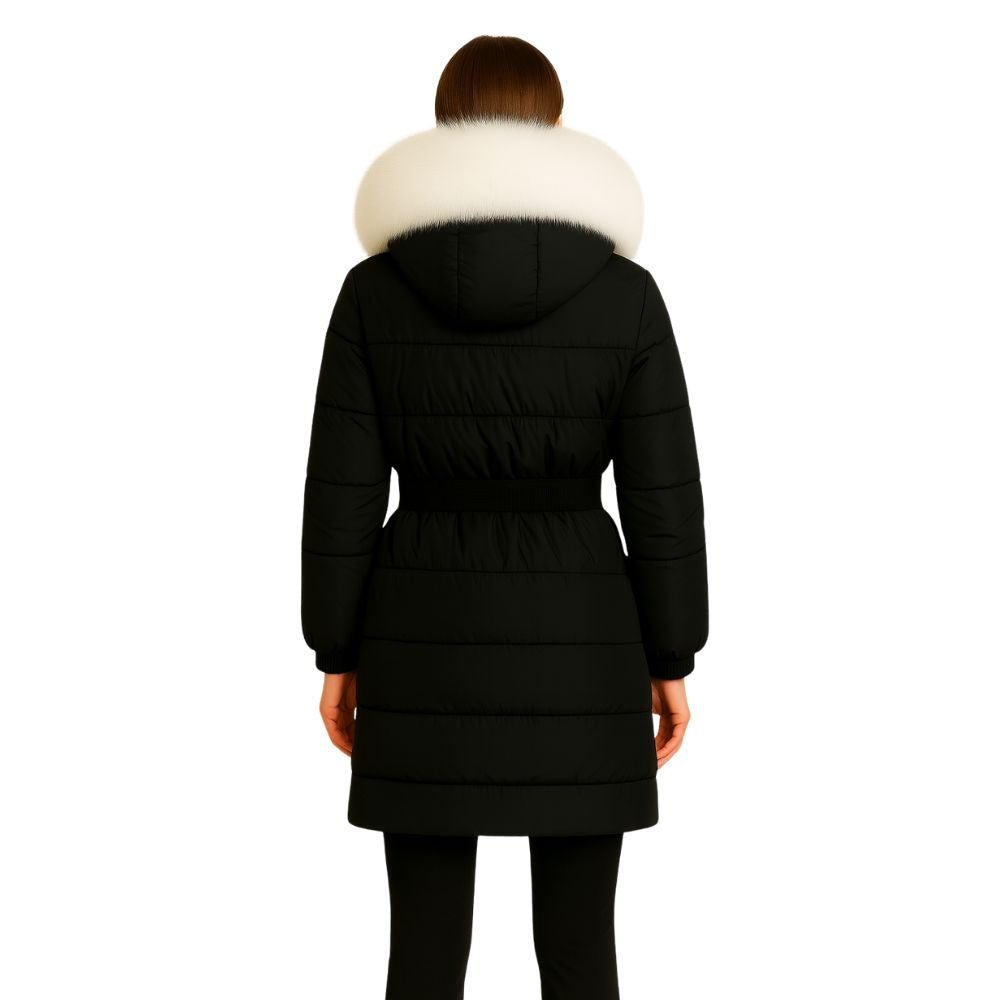 "Kouvr Fashion women's knee-length black belted Zoey puffer coat with oversized natural fox fur trimmed hood.