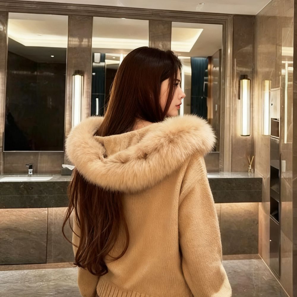 Kouvr Felize Women's Faux Fur Trim Knit Hoodie in Toasted Brown