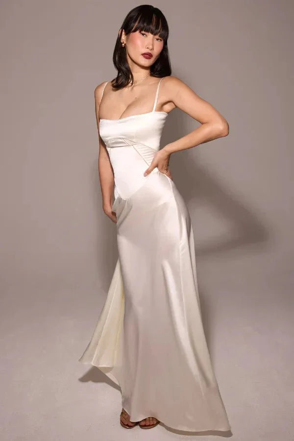 Model wearing the Kouvr Gabriella ivory silk corset back bridal gown.