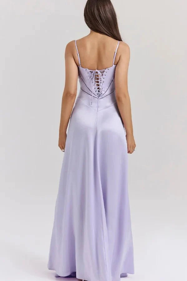 Kouvr Gabriella lilac satin corset maxi dress shown from the front on a model