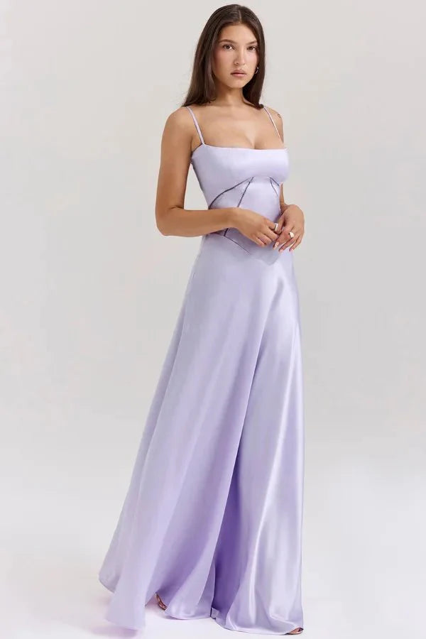 Kouvr Gabriella lilac satin corset maxi dress shown from the front on a model