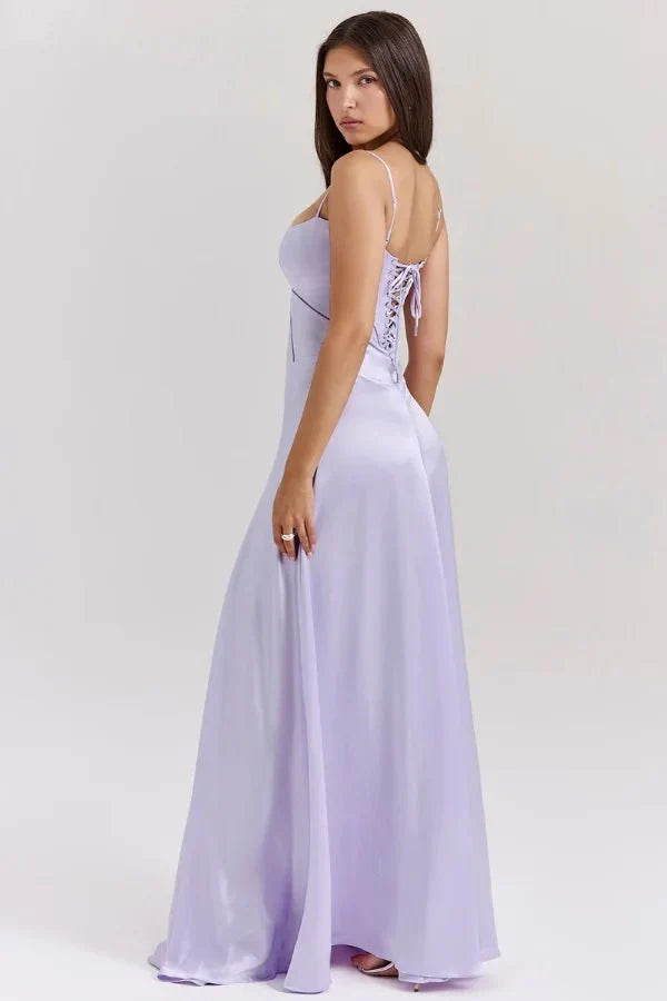 Kouvr Gabriella lilac satin corset maxi dress shown from the front on a model