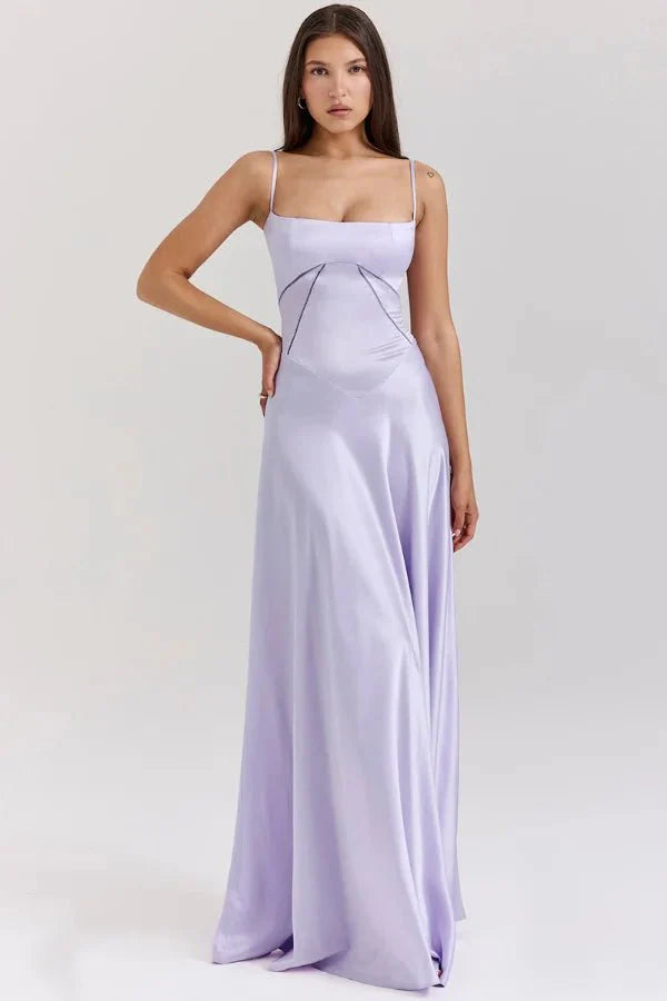 Kouvr Gabriella lilac satin corset maxi dress shown from the front on a model