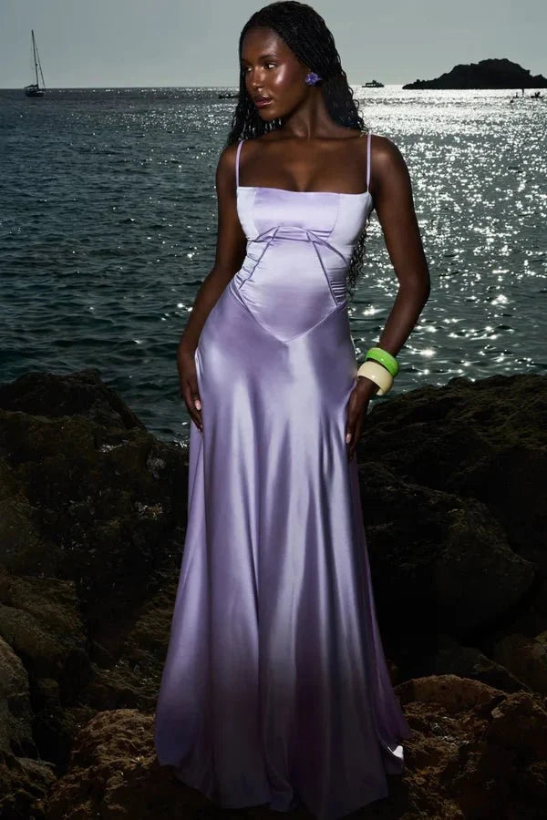 Kouvr Gabriella lilac satin corset maxi dress shown from the front on a model