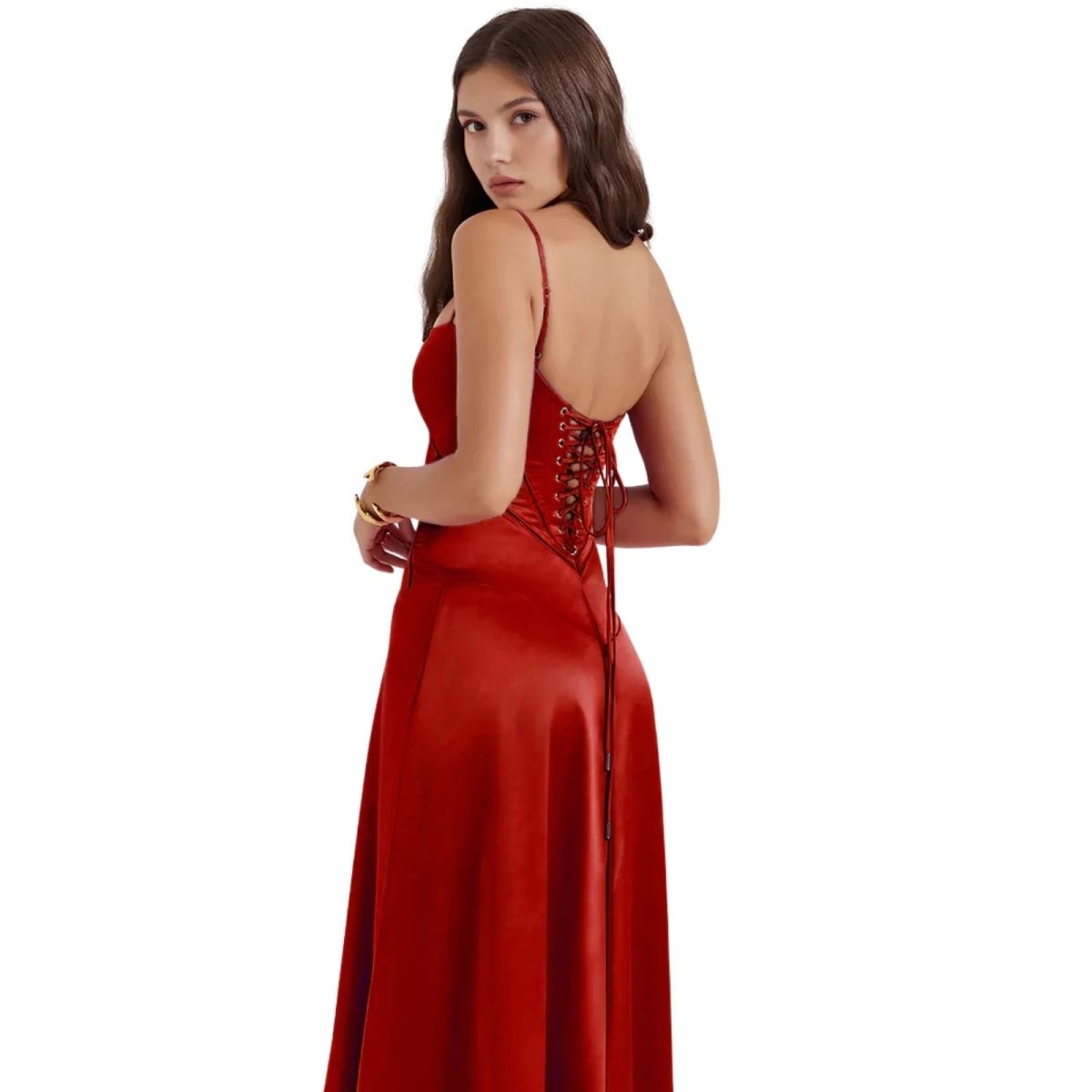Detailed view of the adjustable corset lace-up back on the Gabriella red kouvr satin formal gown.