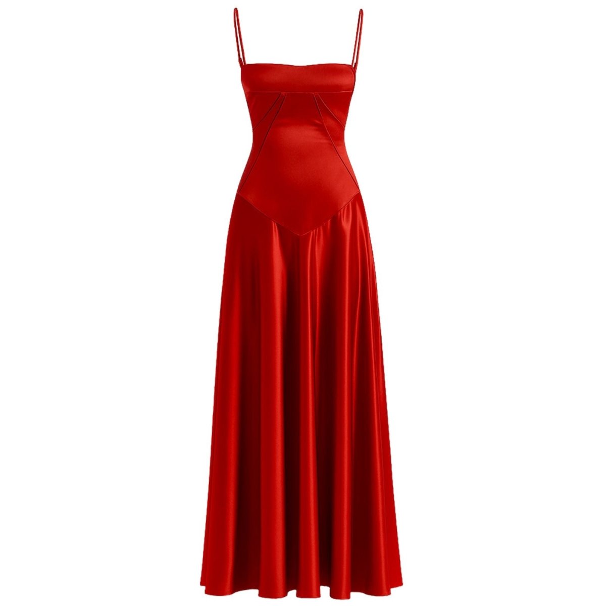 Gabriella Gown in red kouvr satin, a square neck maxi dress for formal events.