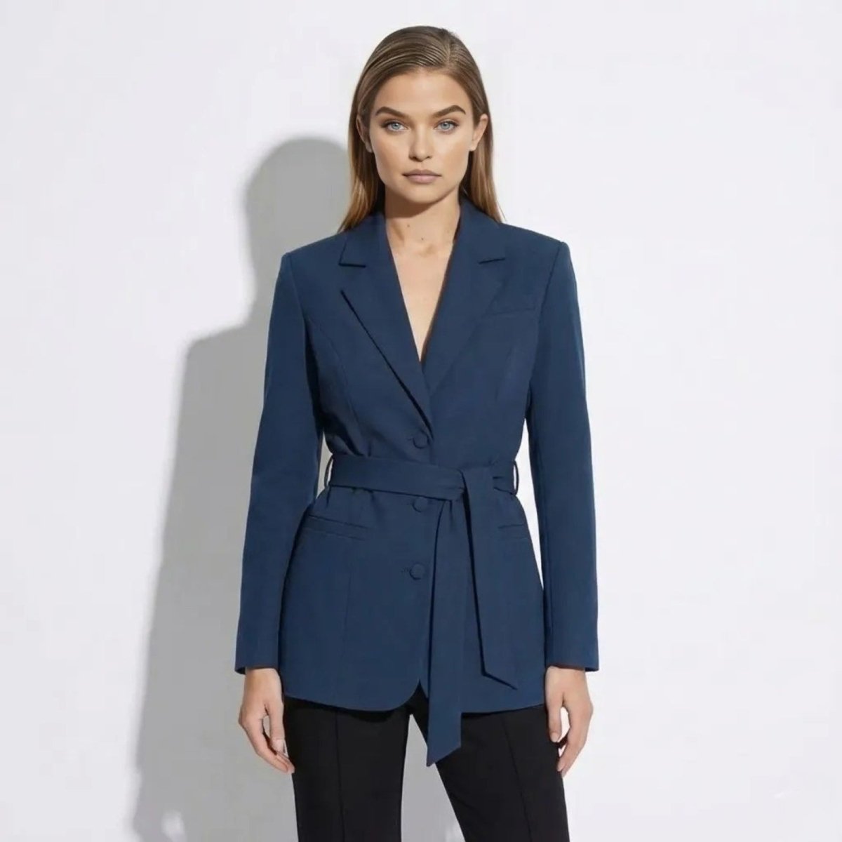Model wearing the Kouvr Gemma belted blazer in a deep blue color, shown from the front against a white background.
