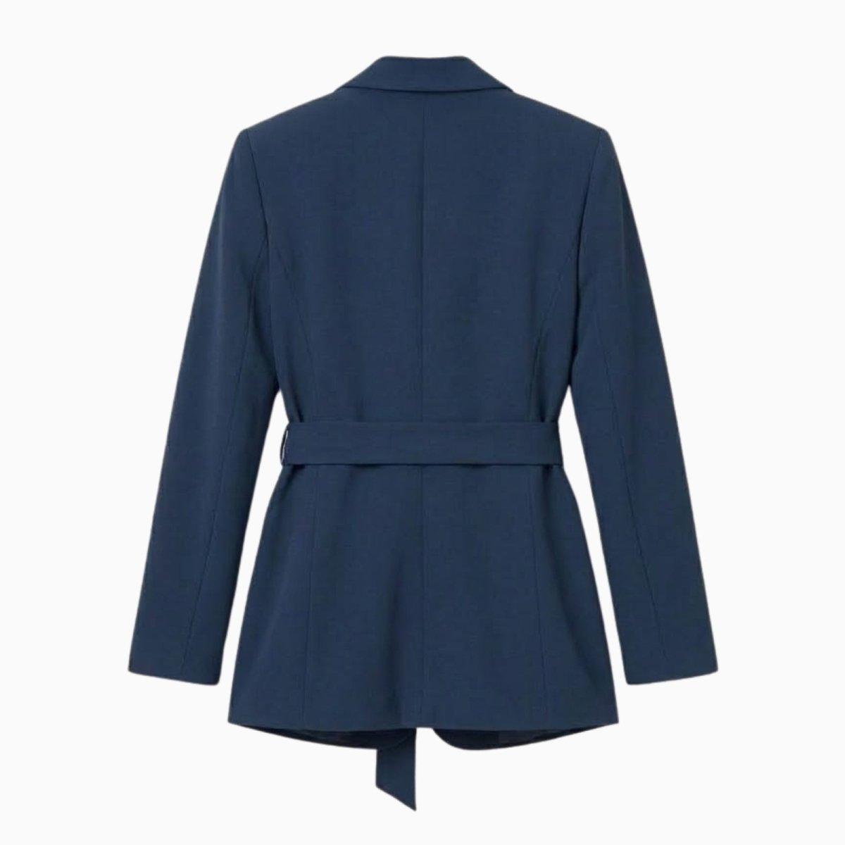 Flat lay product shot of the back of the Kouvr Gemma belted blazer, showing the belt and seam details.