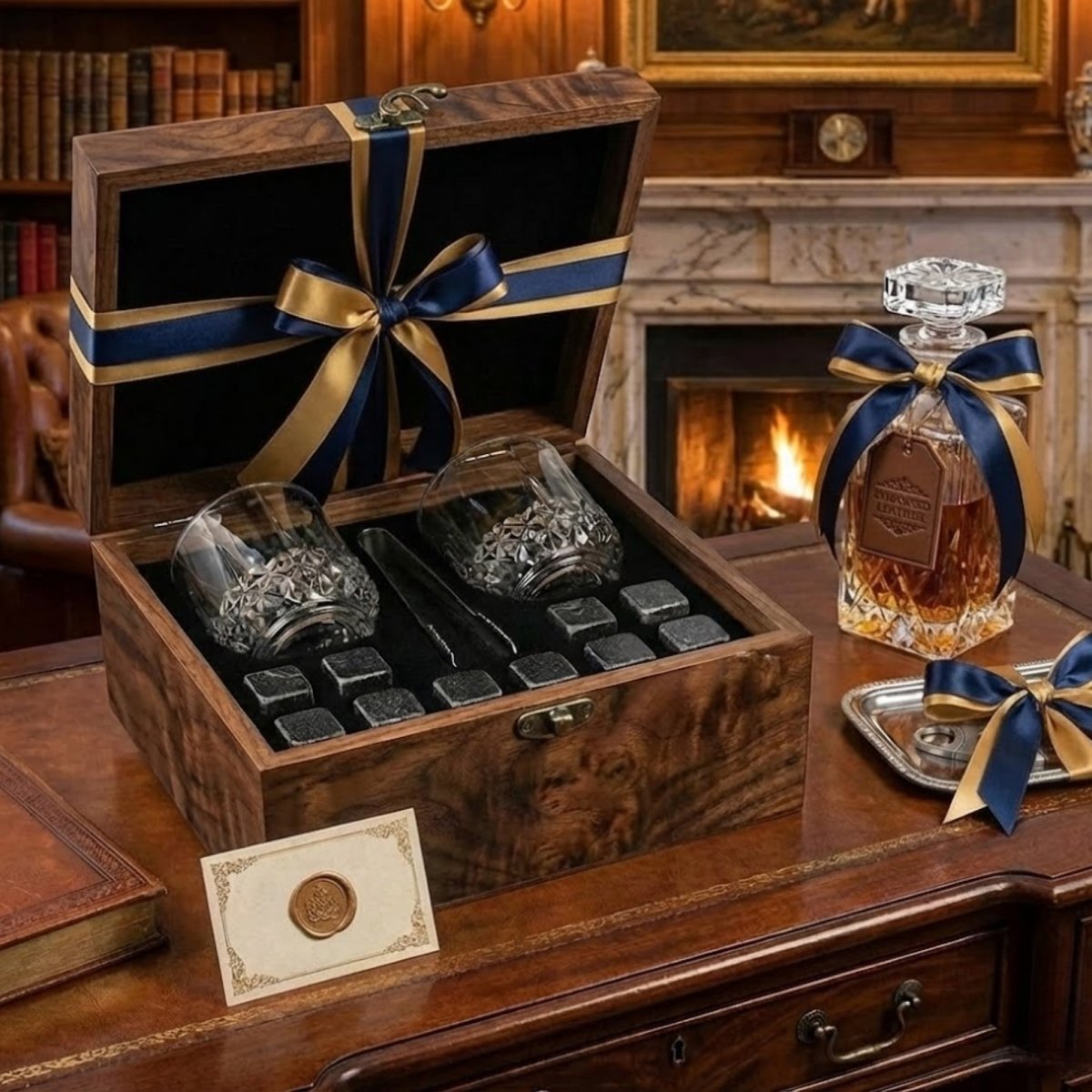 The Kouvr whiskey stones gift box and a matching decanter wrapped in elegant blue and gold ribbons, presented as the perfect luxury gift.