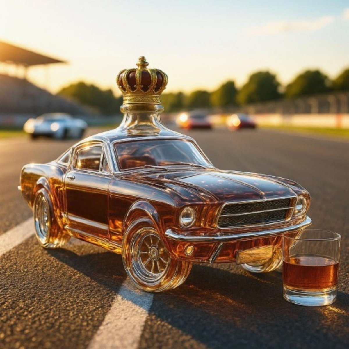 A handcrafted glass whiskey decanter in the shape of a classic Ford Mustang filled with bourbon, sitting on a racetrack with a whiskey glass nearby.