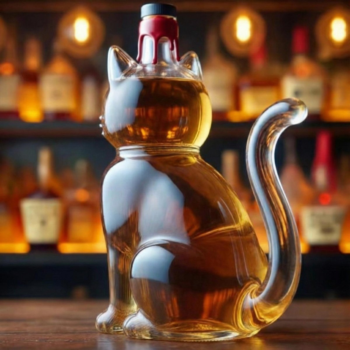 Full body view of the Kouvr glass cat shaped liquor decanter, a unique gift for whiskey and cat lovers.