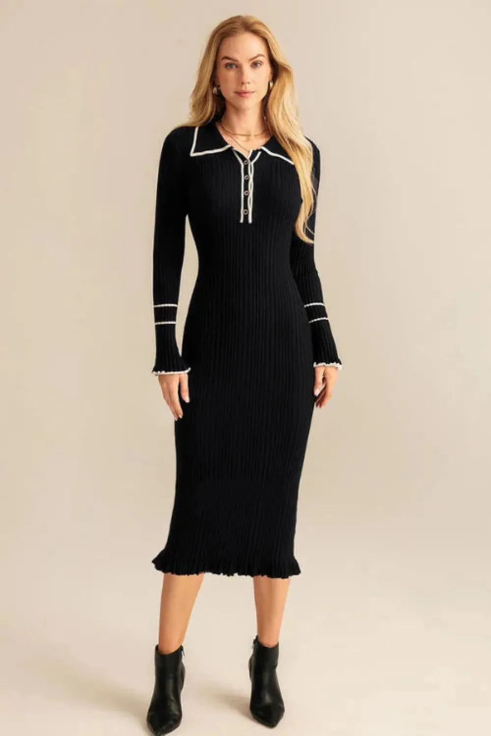 effortless workwear," "bodycon knit dress," "sophisticated office style," "contrast trim dress," "Parisian chic