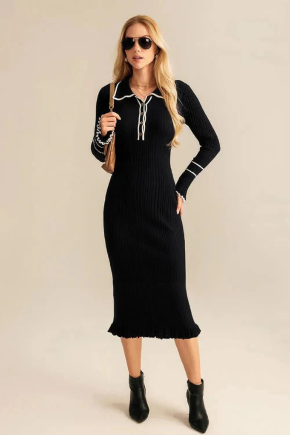 effortless workwear," "bodycon knit dress," "sophisticated office style," "contrast trim dress," "Parisian chic