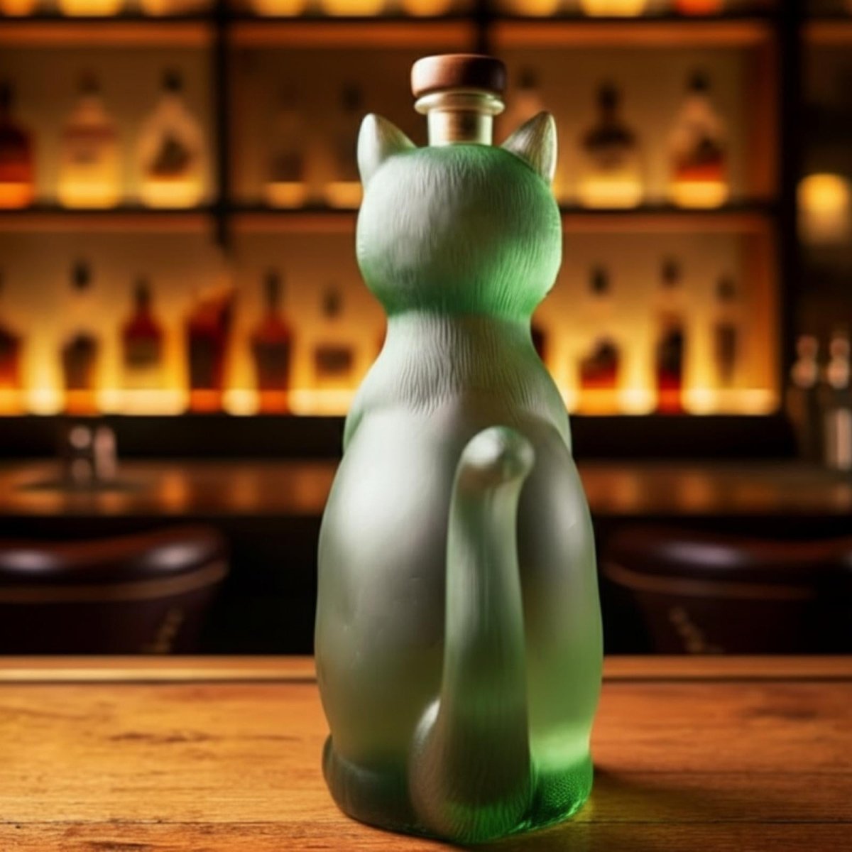 Back view of the Kouvr artisan cat decanter in frosted green glass, highlighting the sculptural form of its back and tail, with a cork stopper visible.