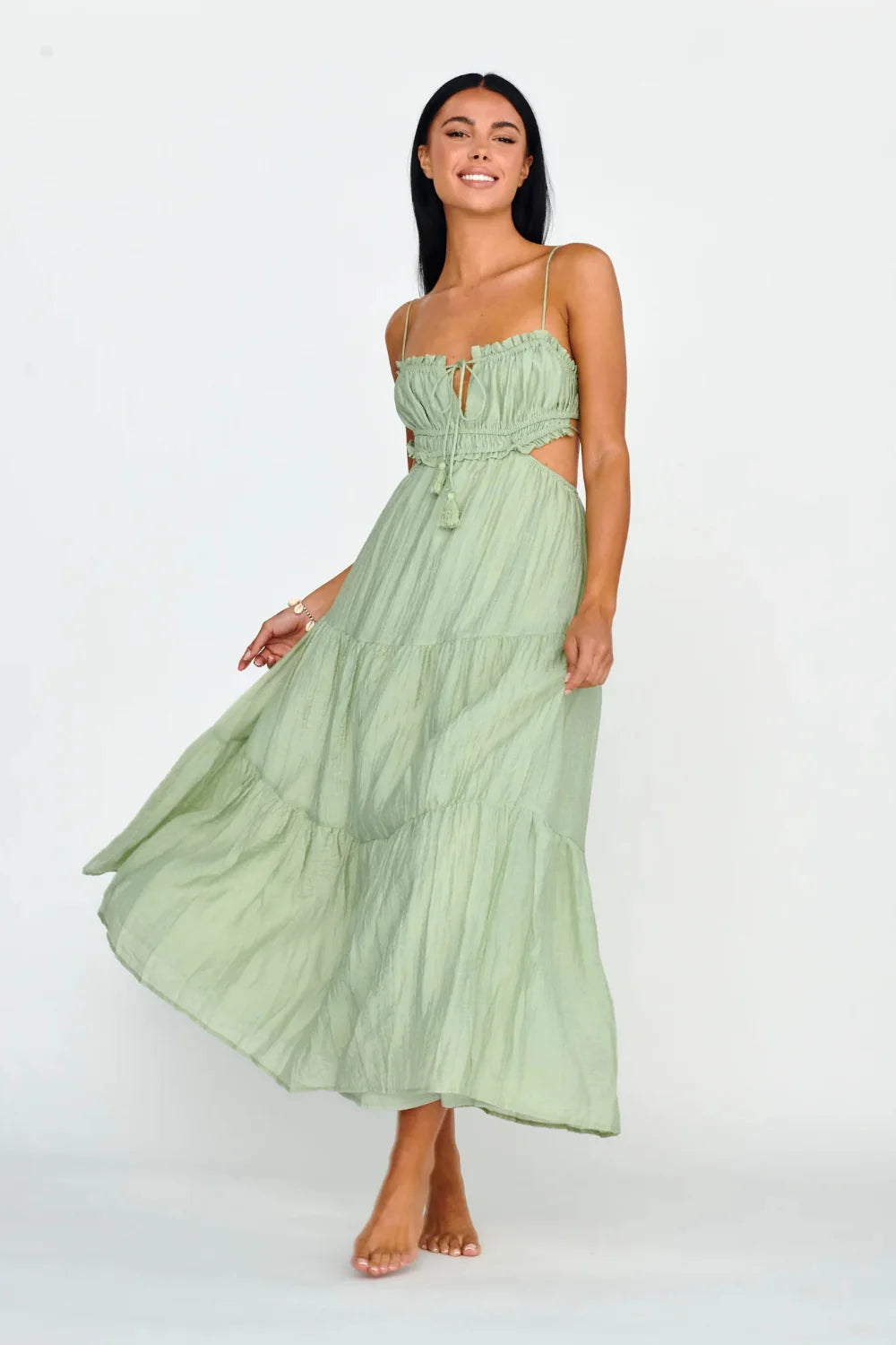 Tiered sundress, bohemian vacation dress, ruched bust dress, resort wear for women, sage green wedding guest dress, lightweight beach gown. Weave these long-tail keywords naturally into the product description and on-page content to capture high-intent shoppers who know exactly what they want.