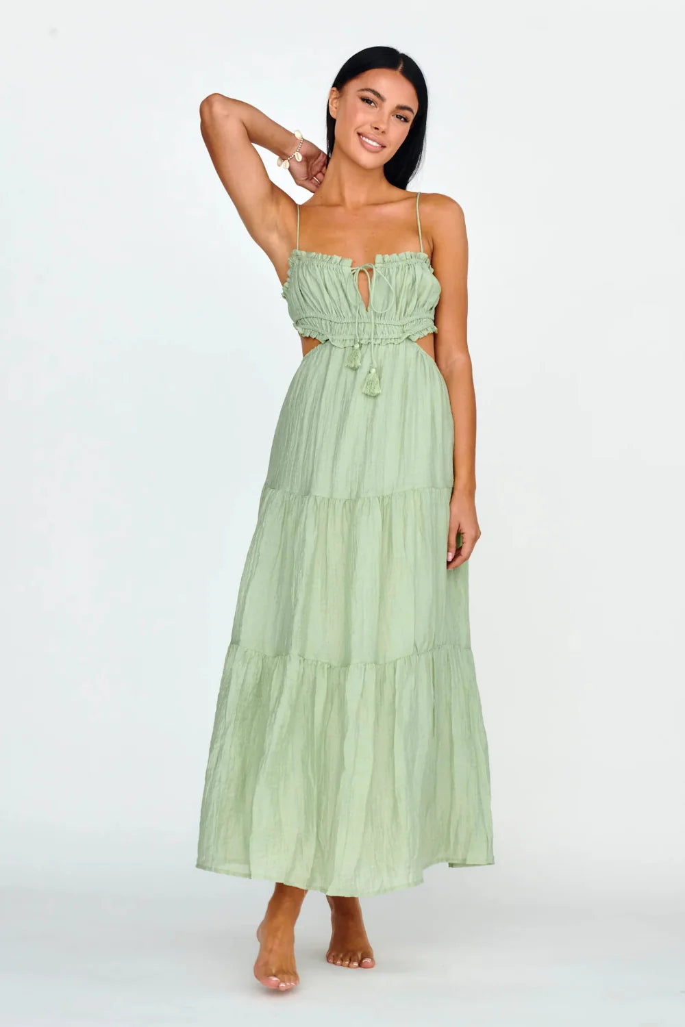 Tiered sundress, bohemian vacation dress, ruched bust dress, resort wear for women, sage green wedding guest dress, lightweight beach gown. Weave these long-tail keywords naturally into the product description and on-page content to capture high-intent shoppers who know exactly what they want.