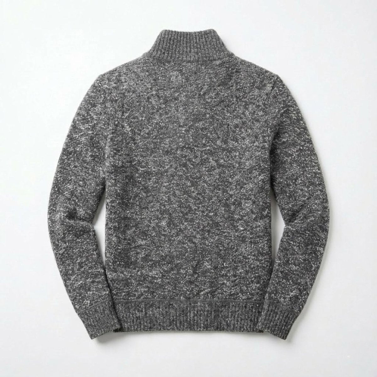 Top-down view of the back of the Kouvr grey elyson knit sweater, showing the full texture of the fabric.