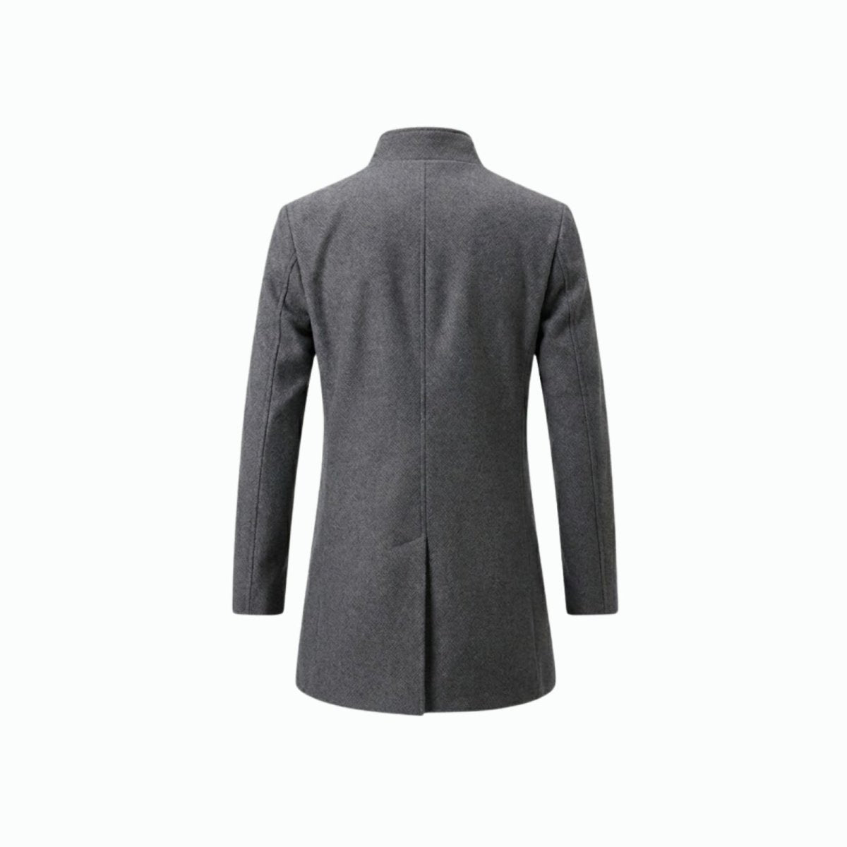 Product-only studio shot of the back of the Kouvr Fashion men's grey wool overcoat, detailing the center seam and single vent.