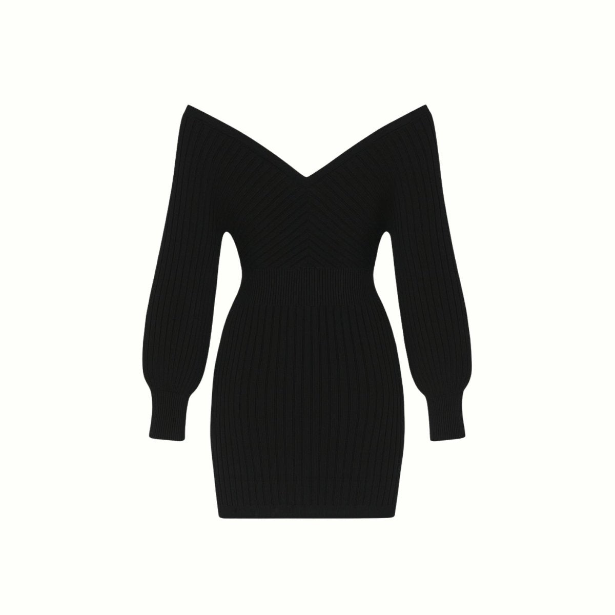 Flat lay of the back of the Kouvr Gwynth black ribbed knit mini dress showcasing the garment's construction.
