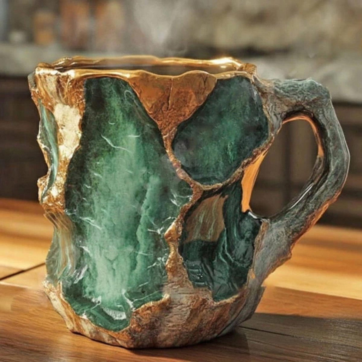 A detailed close-up of the Kouvr handcrafted geode mug in emerald green and gold, showing its textured exterior and steaming coffee, sitting on a wooden table.