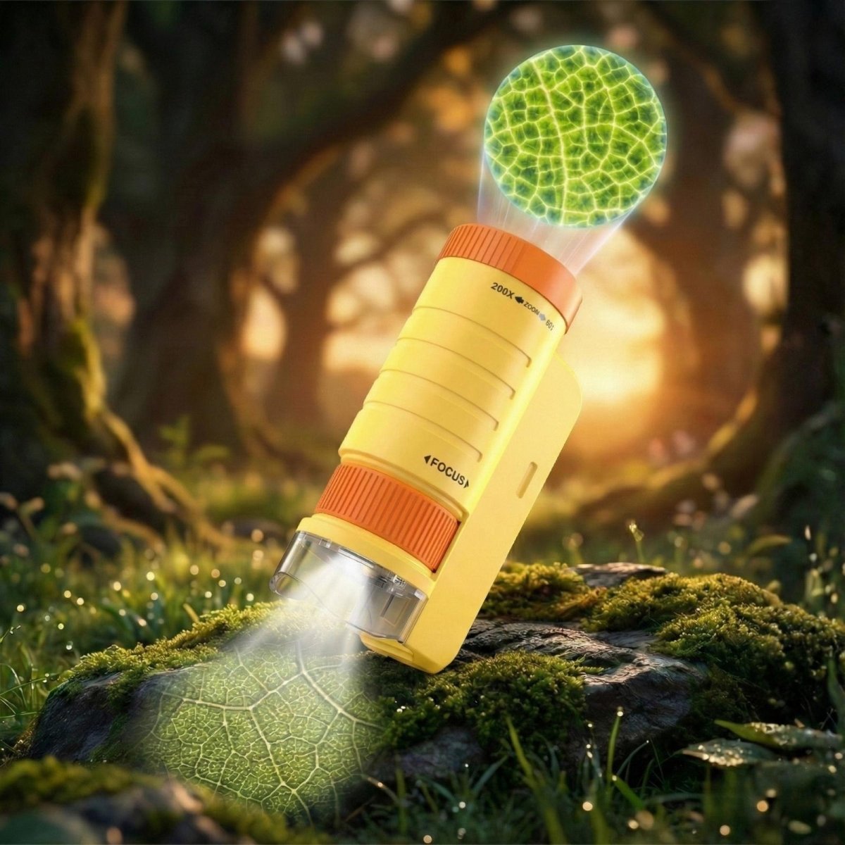 Yellow and orange Kouvr portable kids microscope projecting a magnified image of a plant cell structure above a leaf on a mossy rock in an enchanted forest setting.