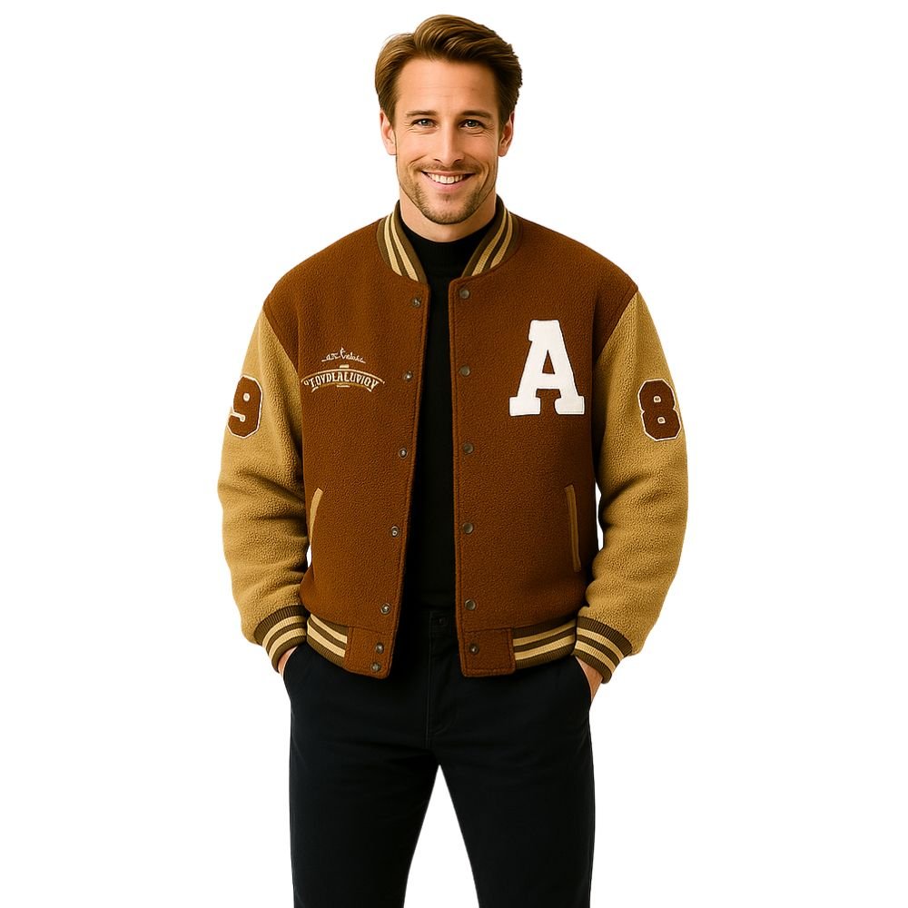 Kouvr men's brown sherpa fleece varsity jacket with white 'A' patch