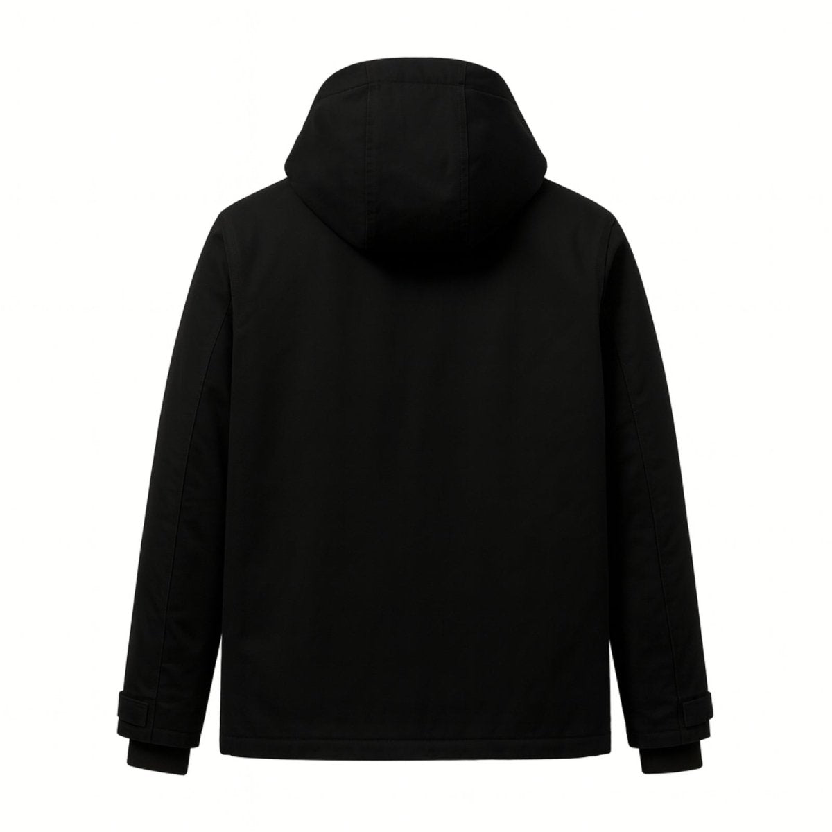 Back view of the Kouvr Honovi men's heavyweight canvas jacket laid flat with the hood up.