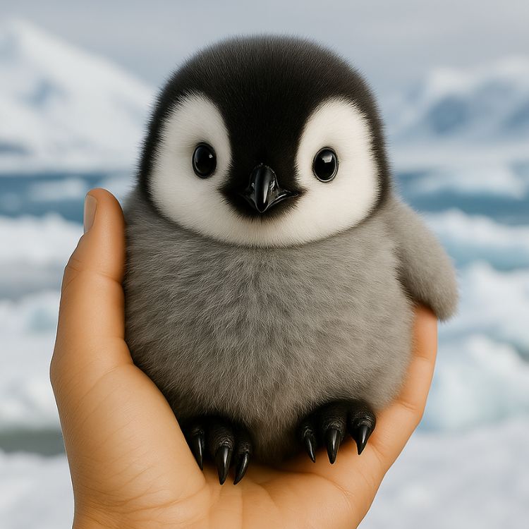 A detailed close-up shot of the Kouvr interactive baby penguin robot toy being held in a hand, showing its soft plush texture.