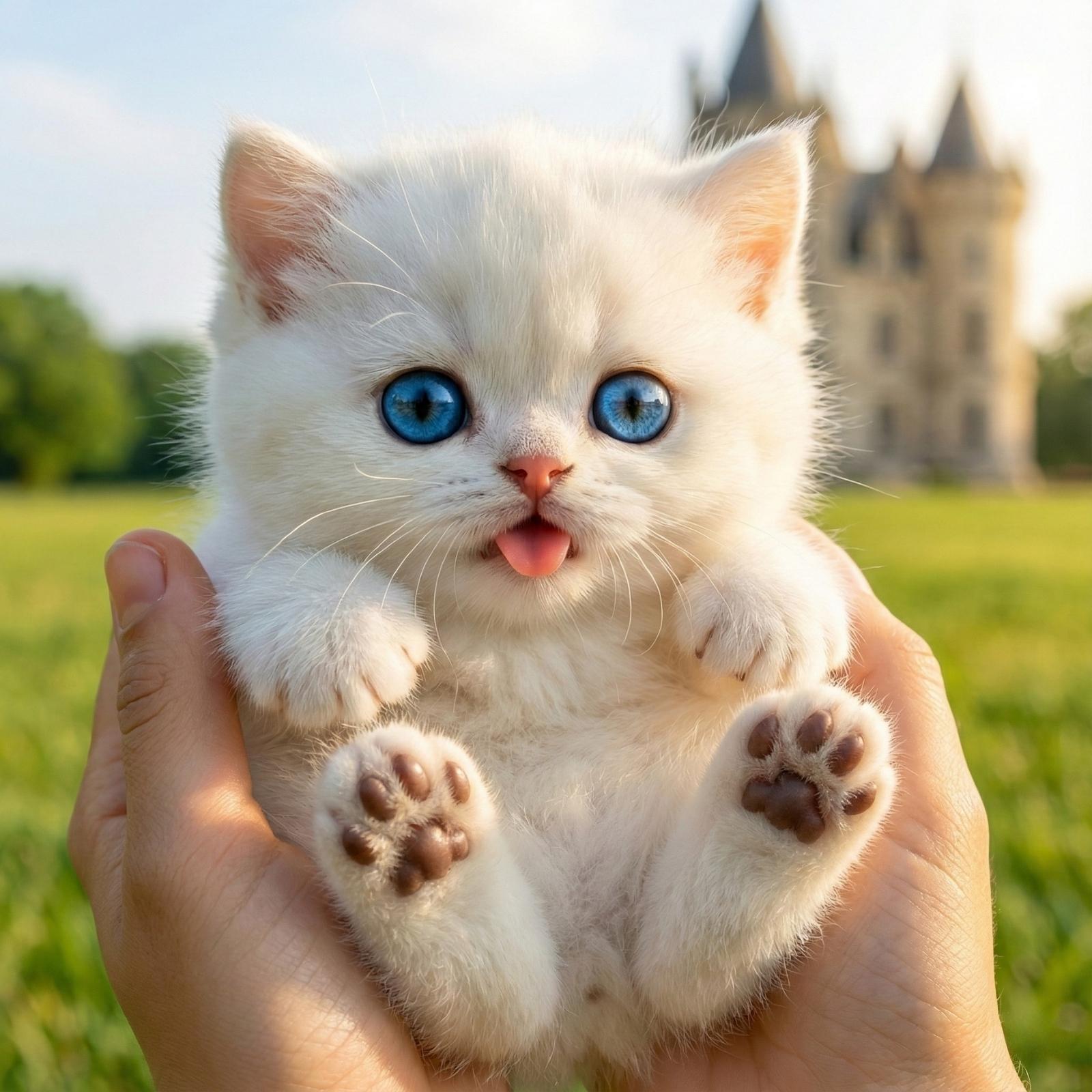 A person's hands holding a small, fluffy white interactive robot kitten with big blue eyes and its tongue out, with a castle in the background.