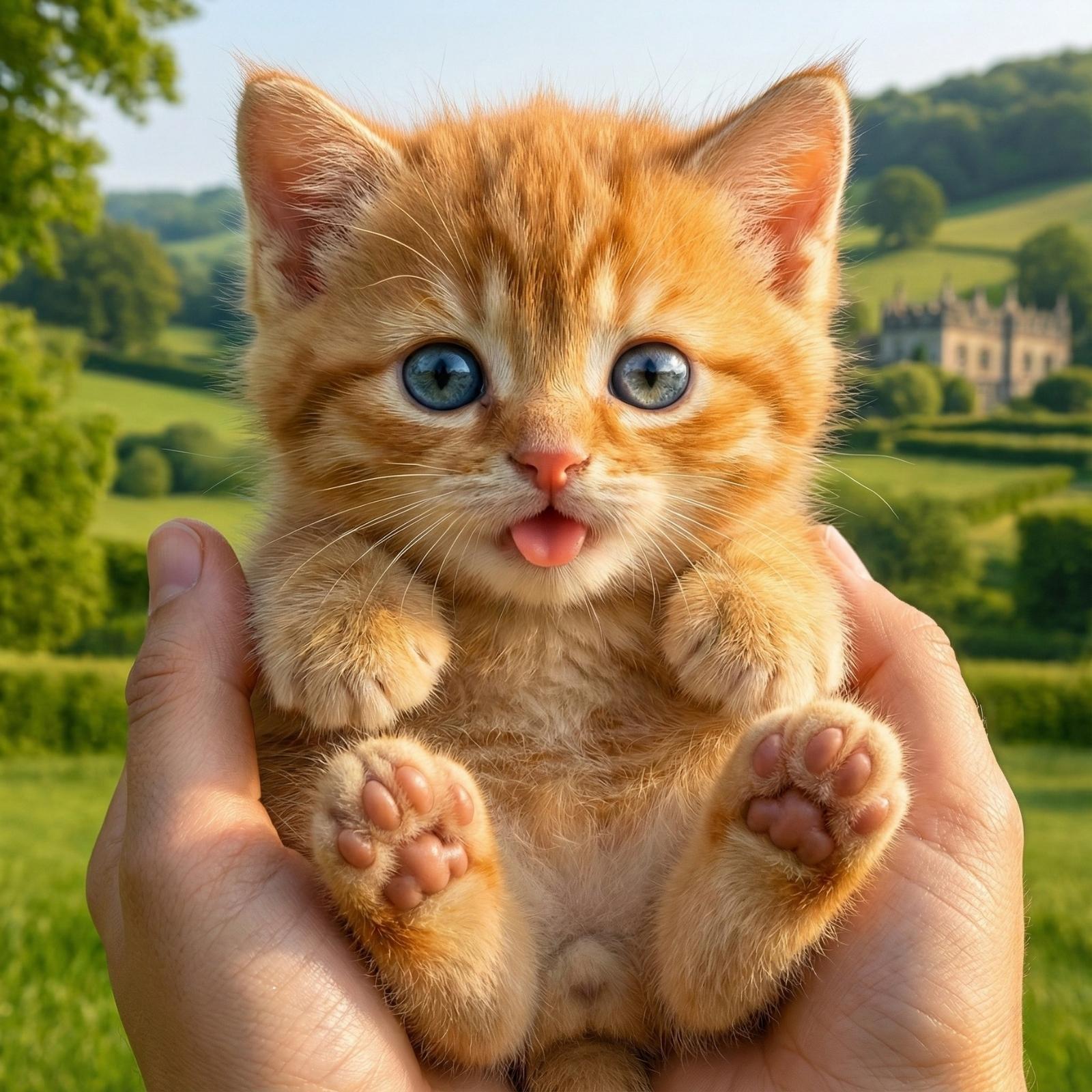 A person holding a small, fluffy orange tabby robot kitten toy with big blue eyes and its tongue sticking out in a green field.