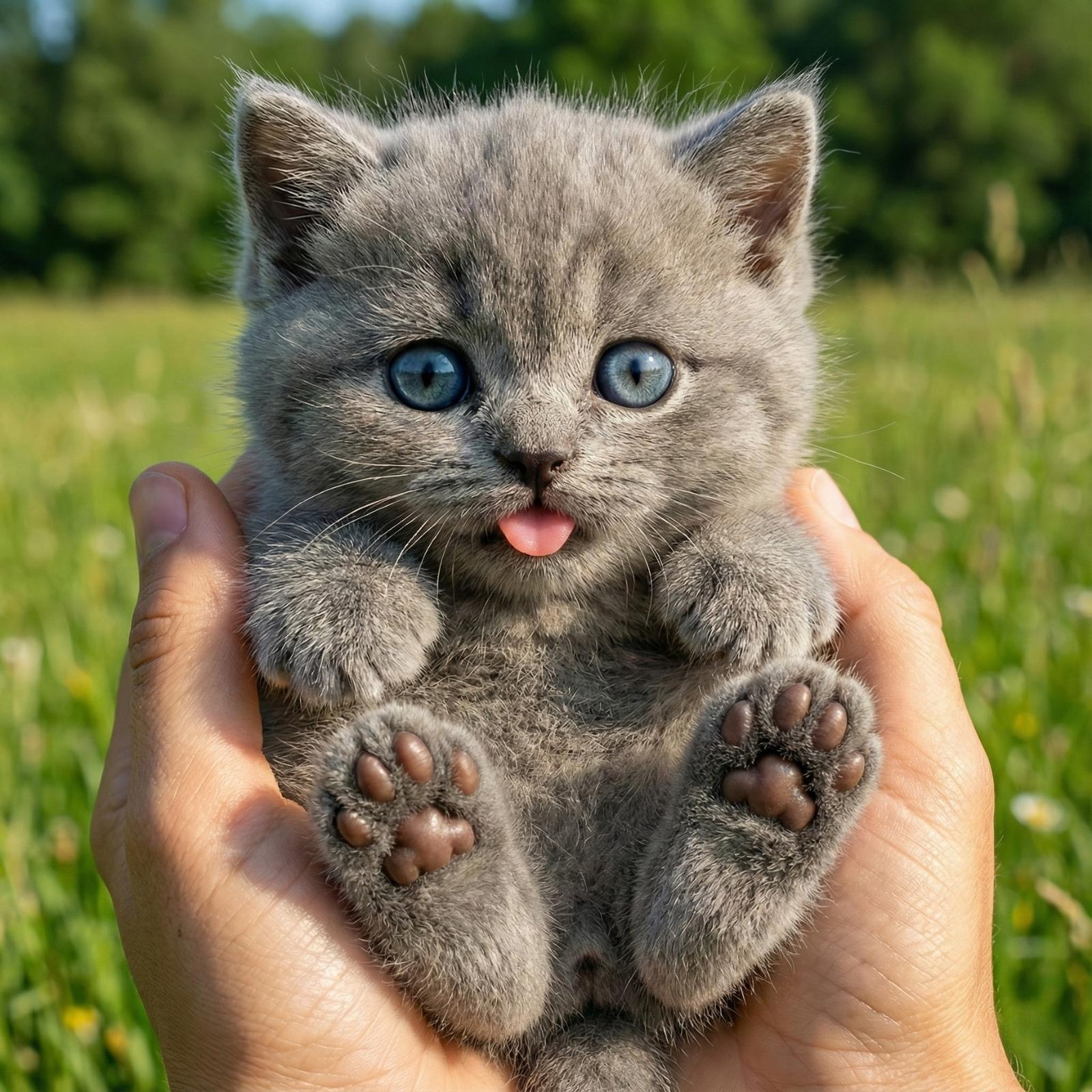 Tiny grey Kouvr robot kitten with blue eyes and tongue out held in two hands over a green field.