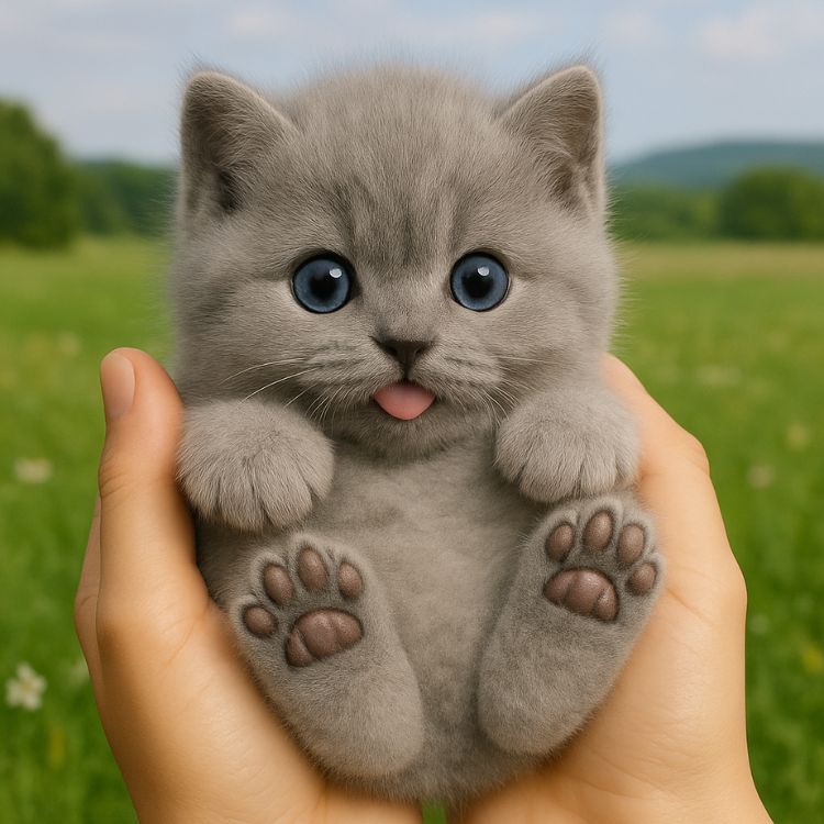 Tiny grey Kouvr robot kitten with blue eyes and tongue out held in two hands over a green field.