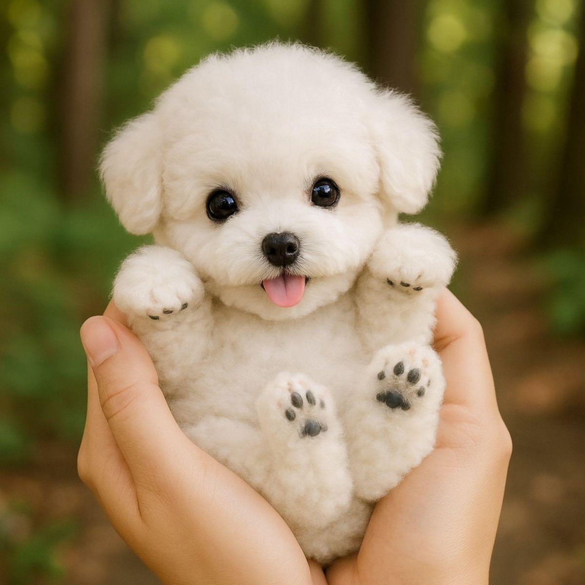A person holding a small, white, fluffy Kouvr interactive robot puppy toy with big black eyes and cute paw pads.