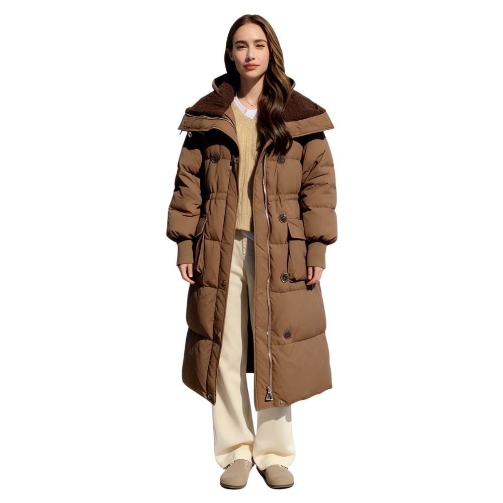 Model wearing the Kouvr Irish long puffer coat in khaki, front view