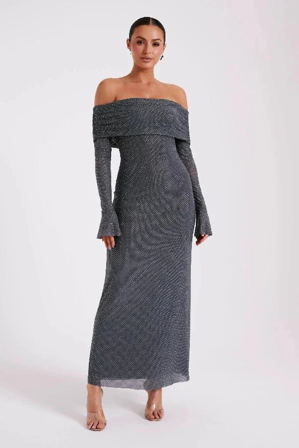 Model wearing Kouvr Jada long sleeve off-the-shoulder evening gown in gray