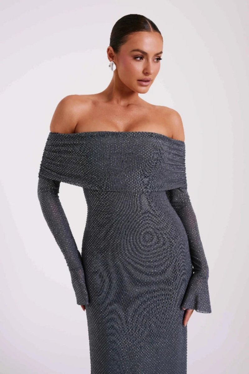Model wearing Kouvr Jada long sleeve off-the-shoulder evening gown in gray