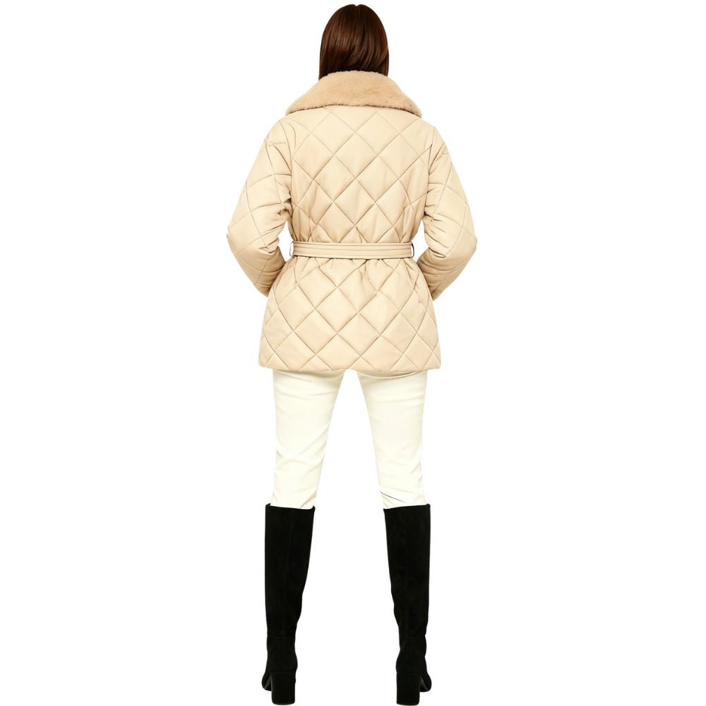 diamond stitch," "wrap silhouette," "shearling trim," and "thermal puffer