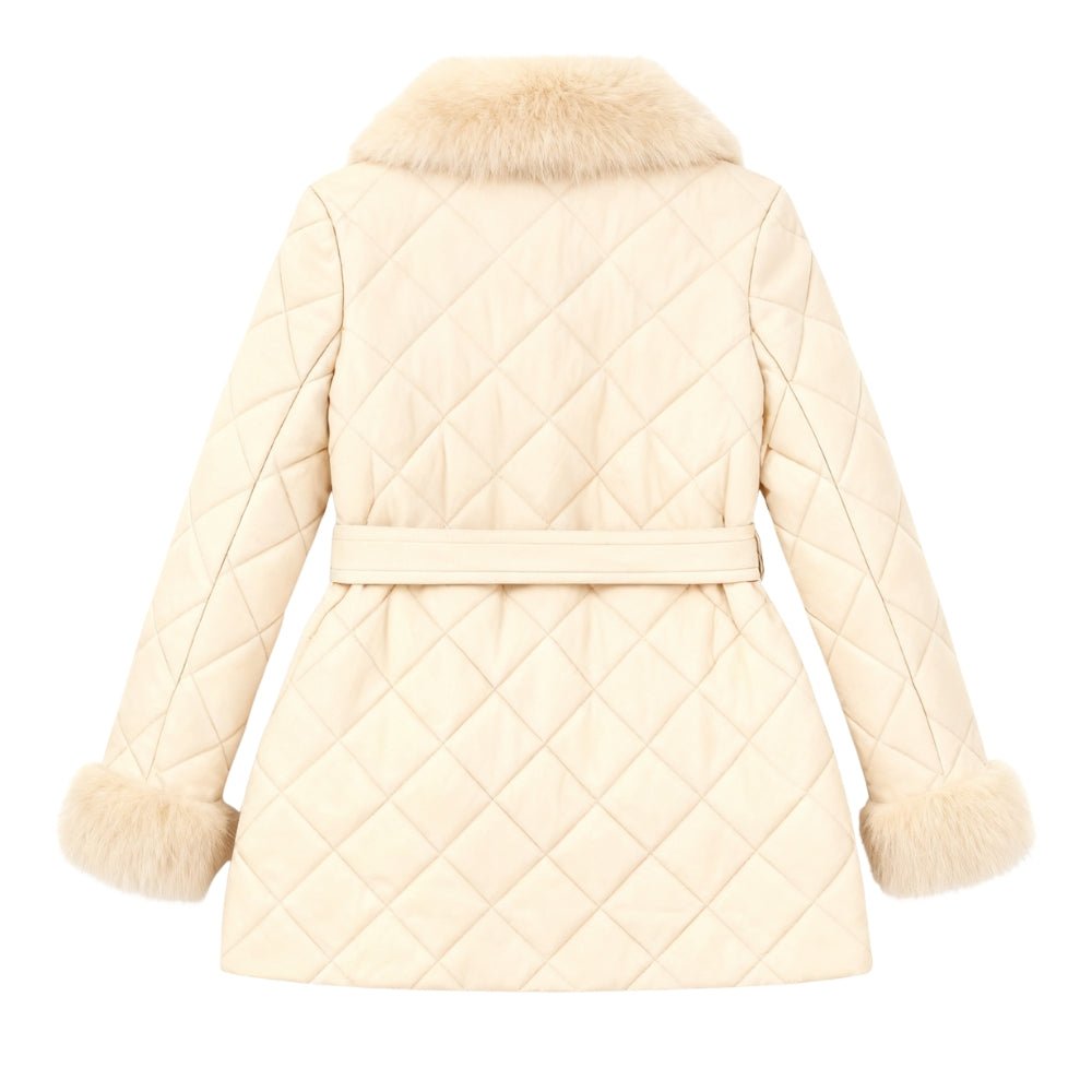 diamond stitch," "wrap silhouette," "shearling trim," and "thermal puffer