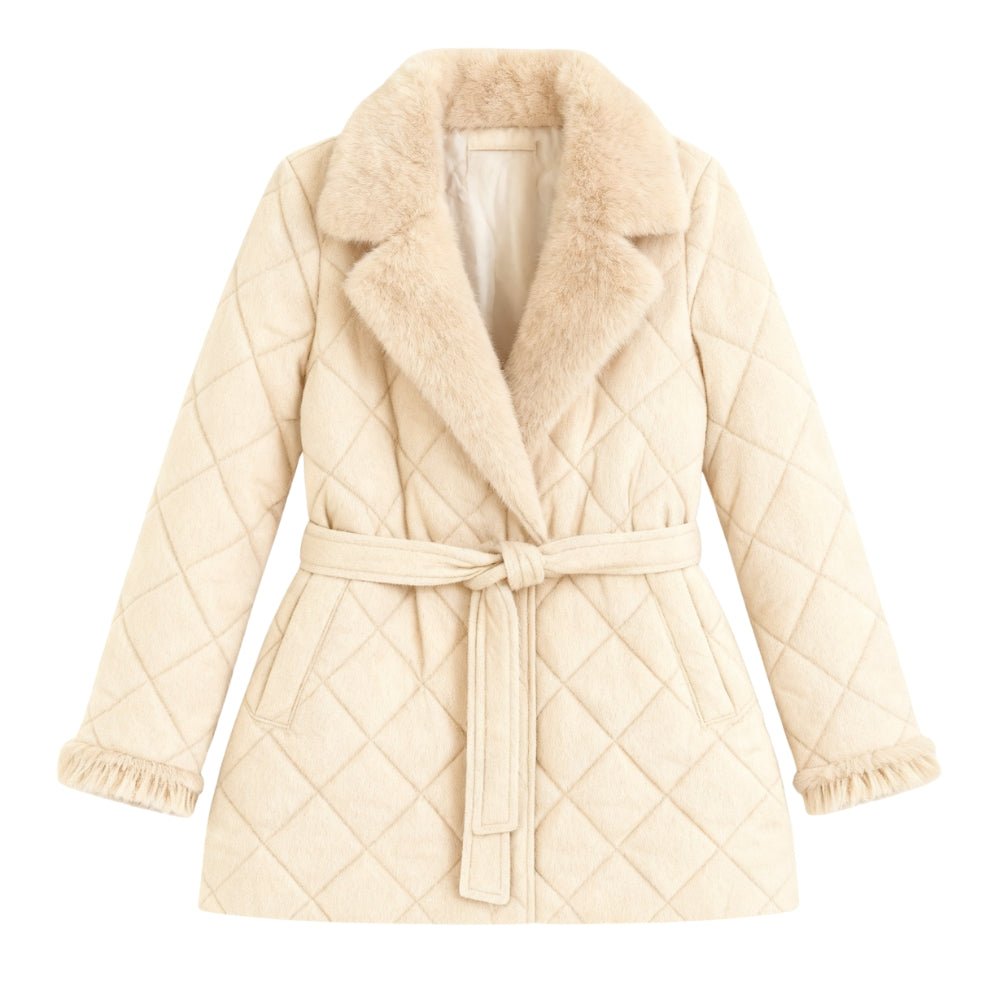 outerwear," "insulated coat," "diamond stitch jacket," and "shearling collar