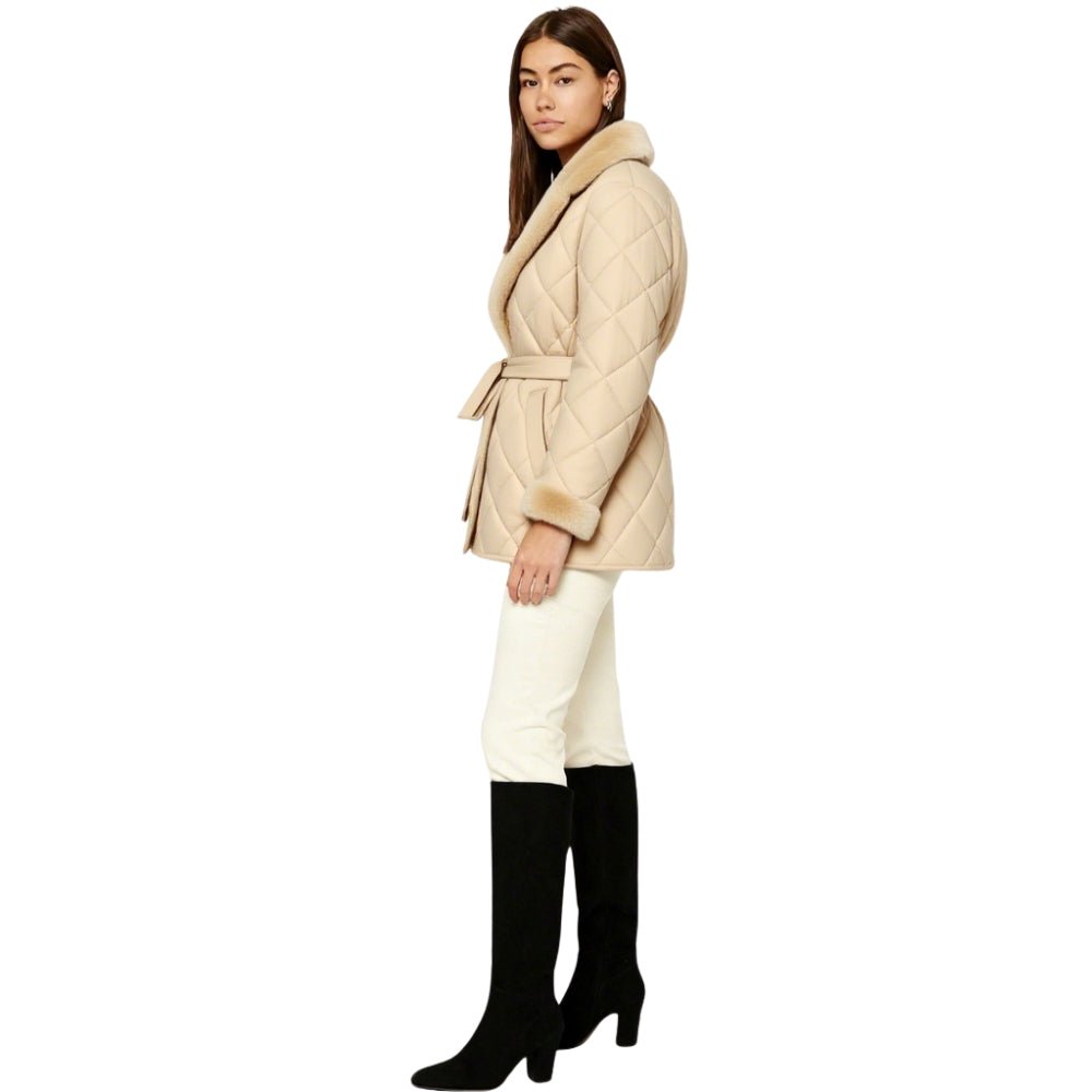 outerwear," "insulated coat," "diamond stitch jacket," and "shearling collar