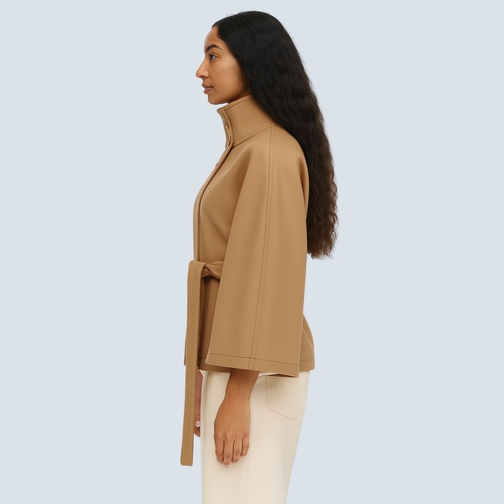 Kouvr Jannah High-Neck Belted Wool Cape Coat in Khaki