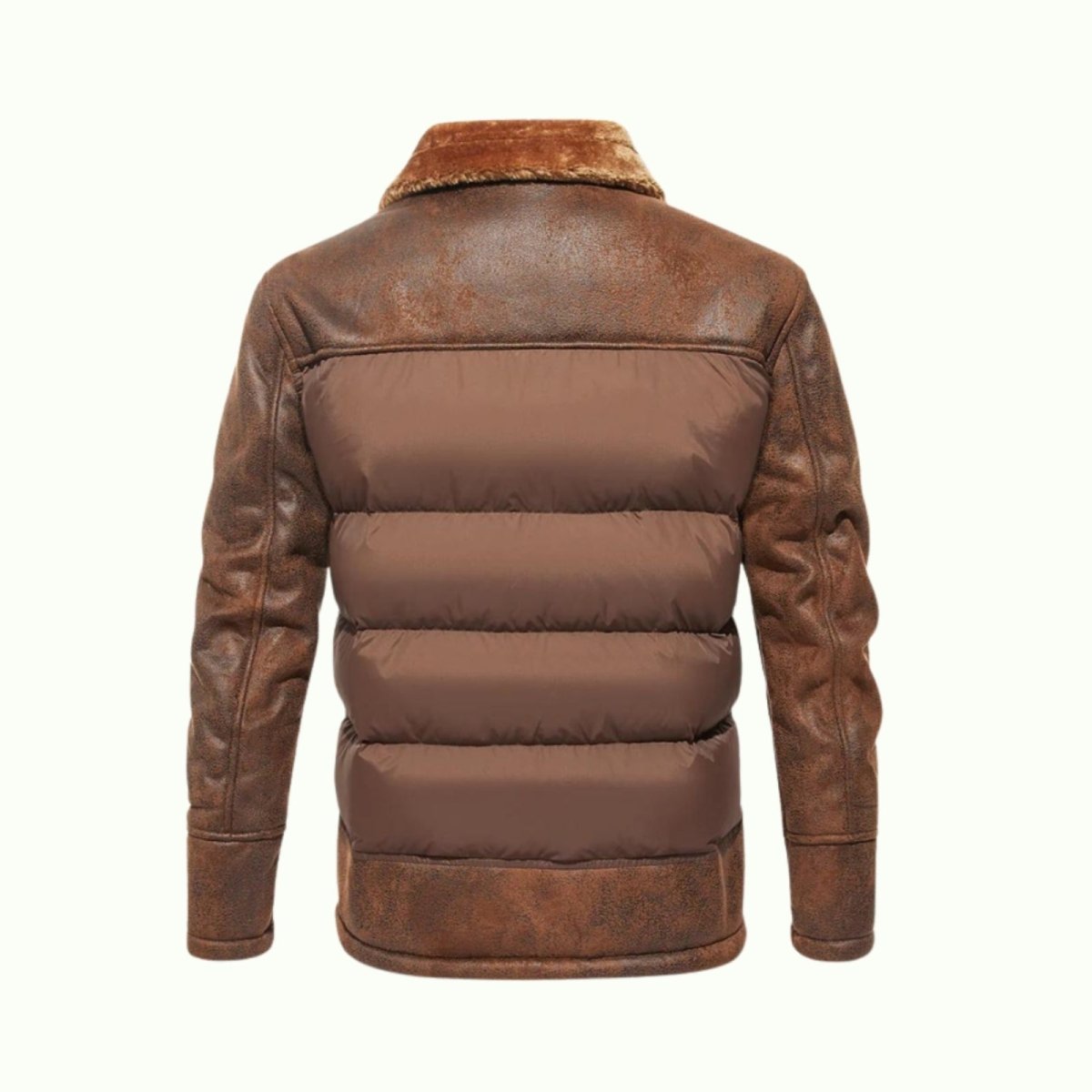Brown Kouvr leather jacket with a fur-lined collar on a white background