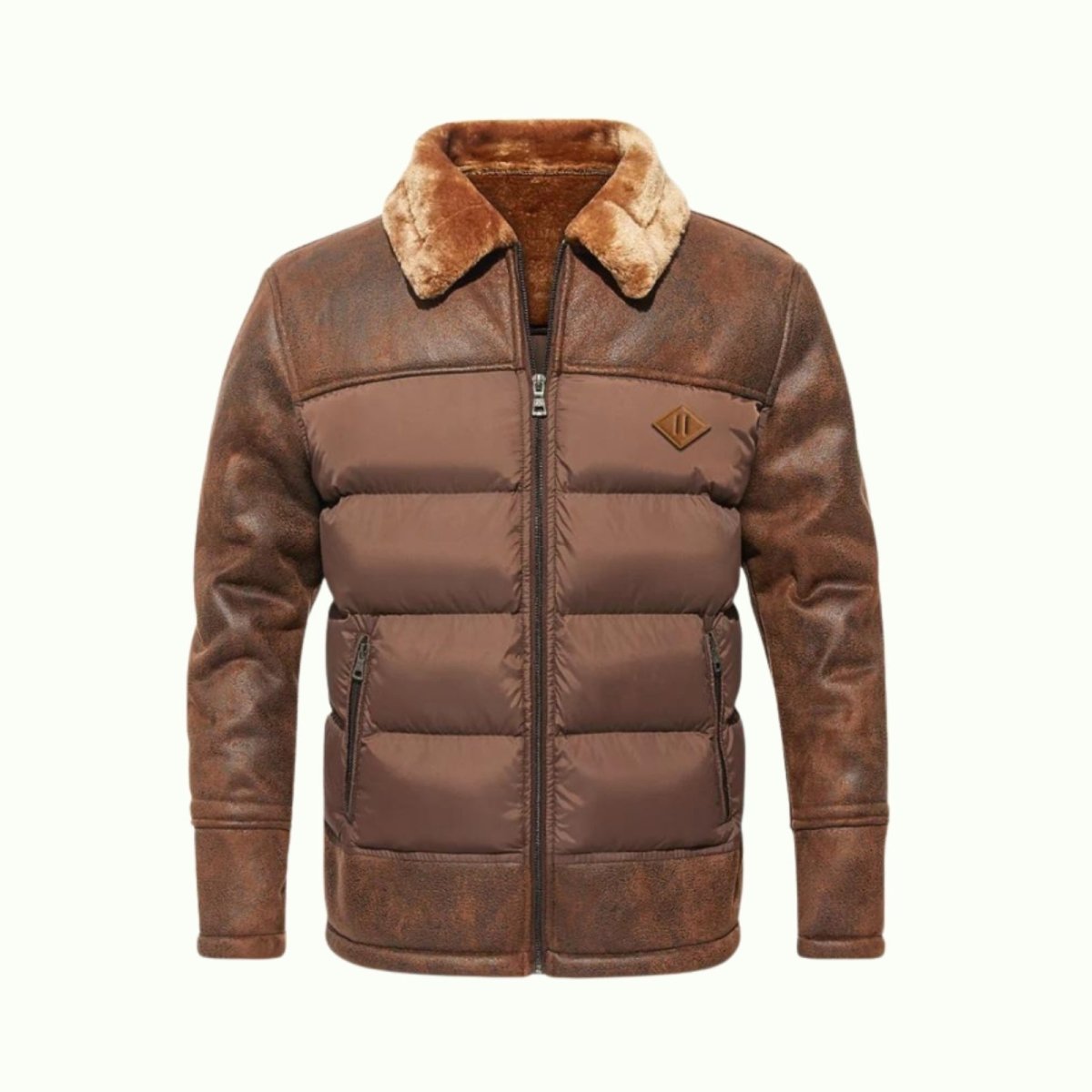 Brown Kouvr puffer jacket with fur collar on a white background